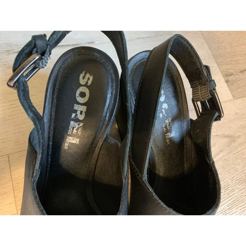 Sorel Joanie II Slingback Sandals Black Leather Block Heel Lug Sole NL3240-010 9